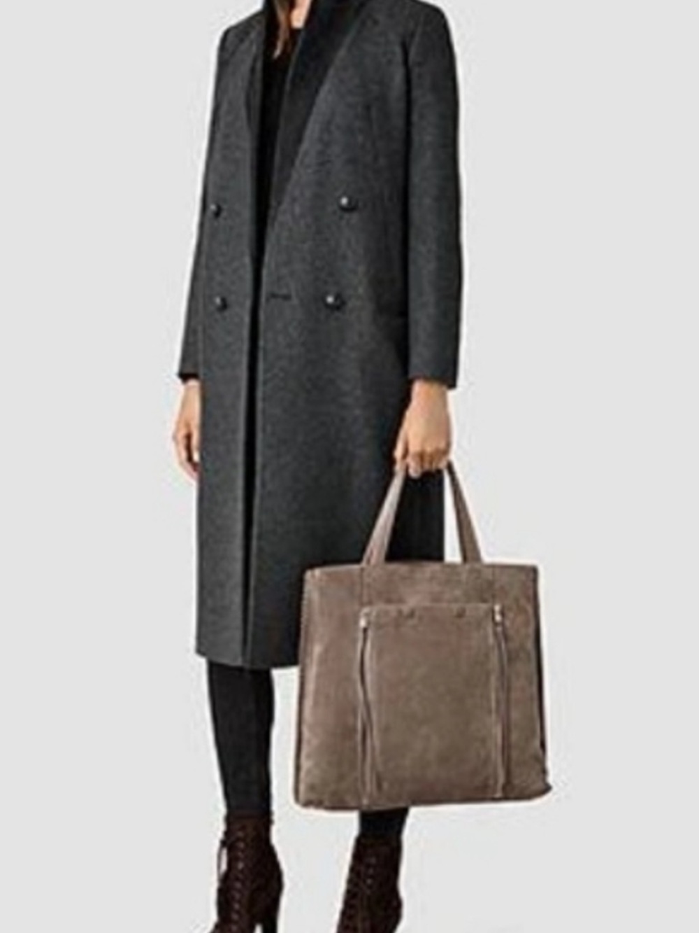 ALLSAINTS FLEUR DE LIS EAST WEST TOTE SATCHEL chocolate brown with charcoal trim